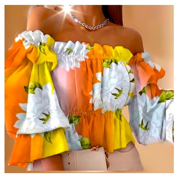 Lavishly Paris Tops - Tropical Floral Off the Shoulder Blouse.